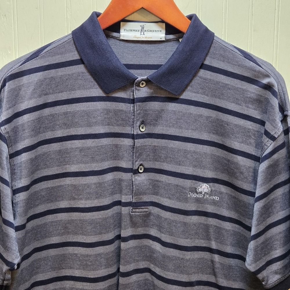 Fairway & Greene Polo Shirt‎ Mens L Blue Stripe Orchid Island Cotton Golf Top